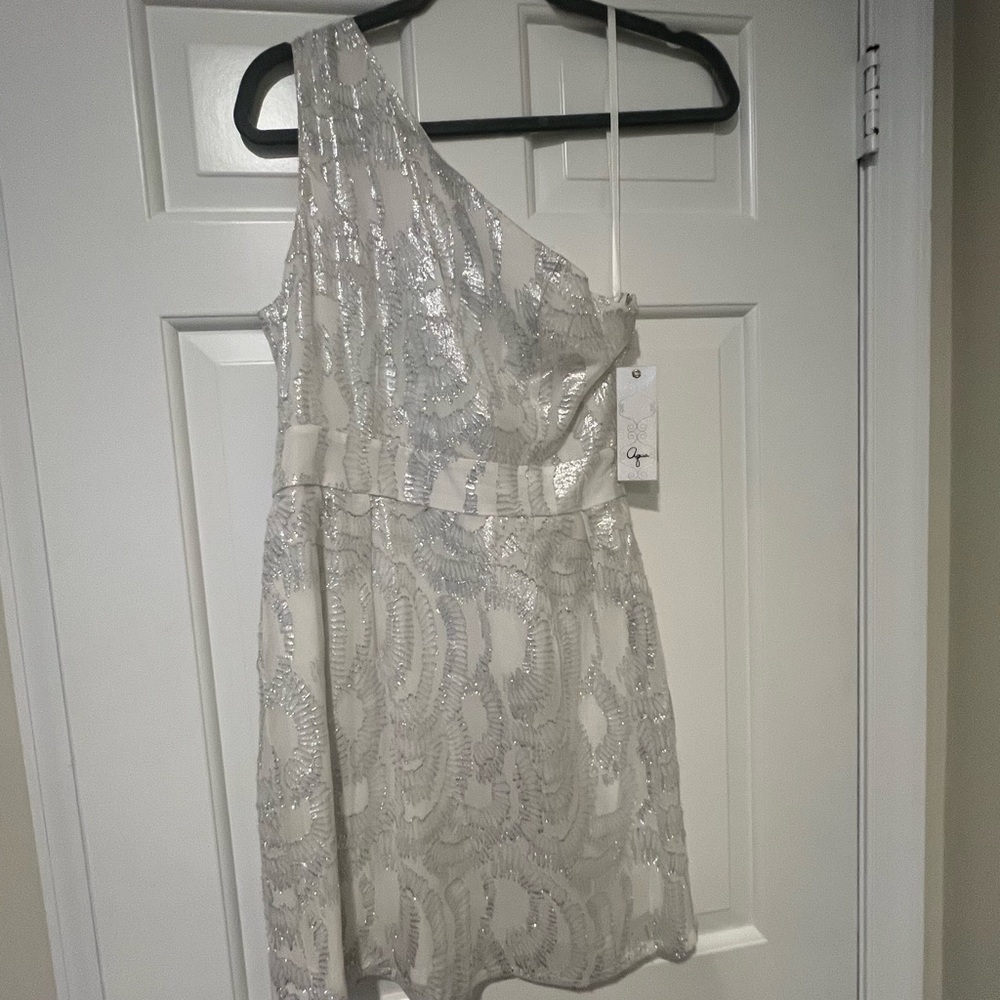 Aqua One-Shoulder White Cocktail Dress
